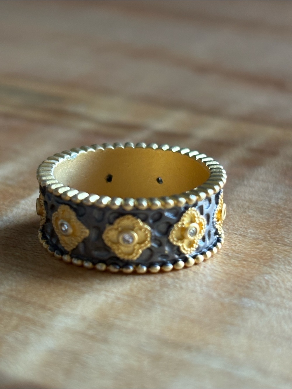 Freida Rothman Gold and Black Floral Ring - 925 Sterling Silver 7